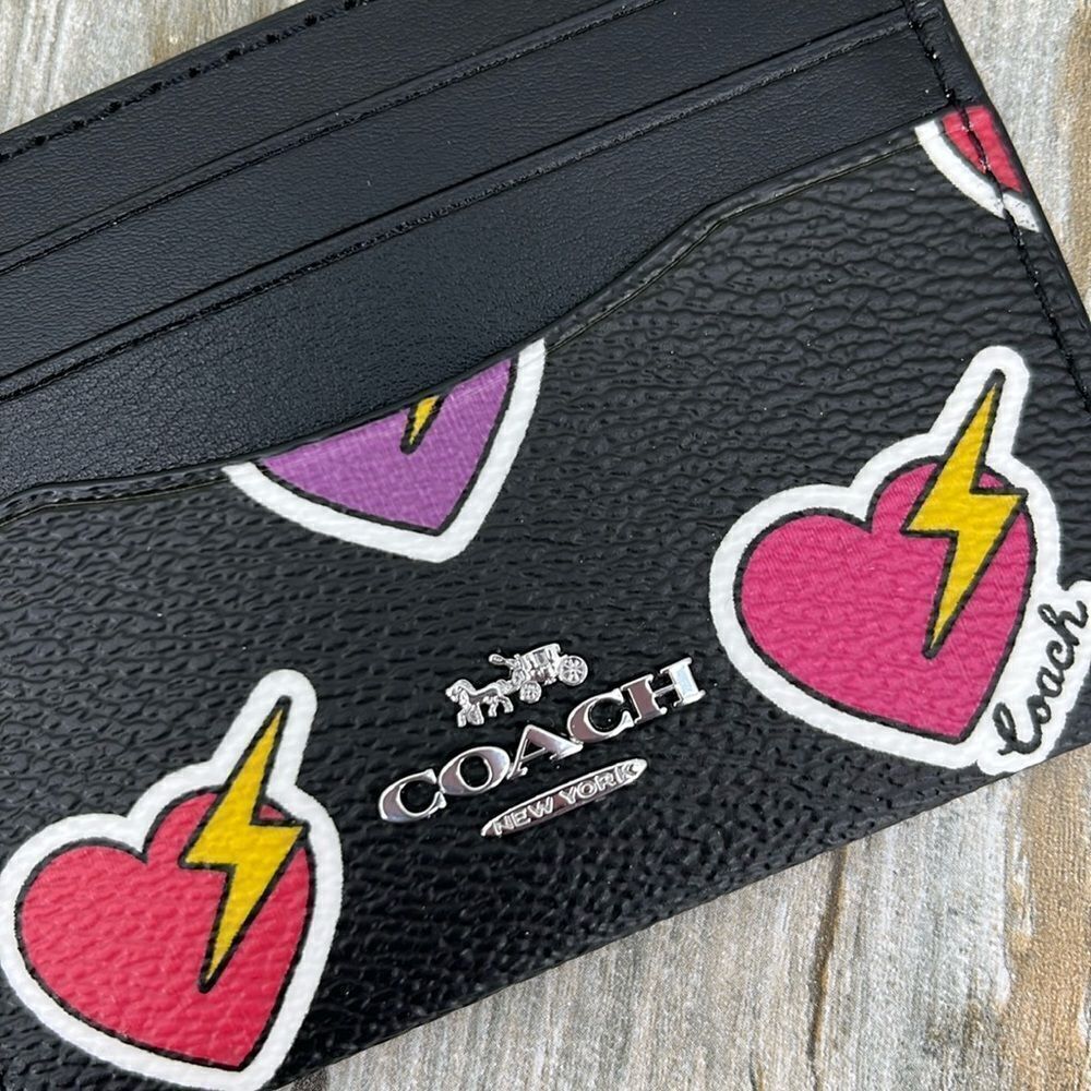 Coach Slim Id Card Case With Heart Bolt Print Wallet Bag Purse - Picture 3 of 8